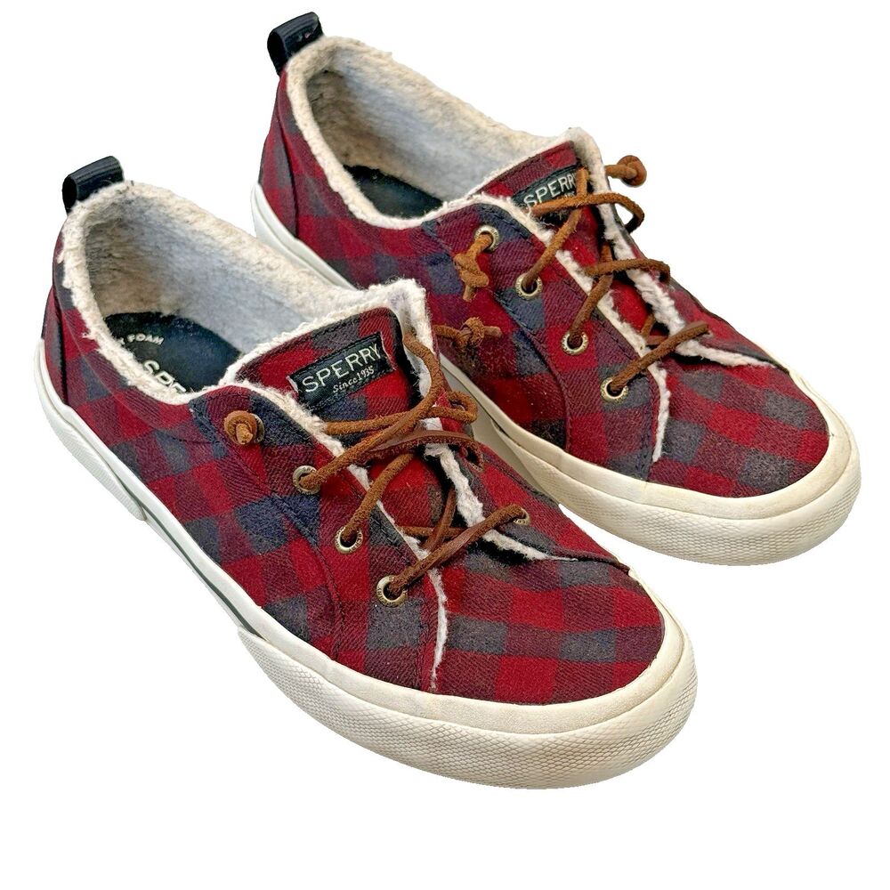 Sperry Top Sider Size 8.5 Buffalo Red Plaid Faux Wool Sneakers Womens Shoes